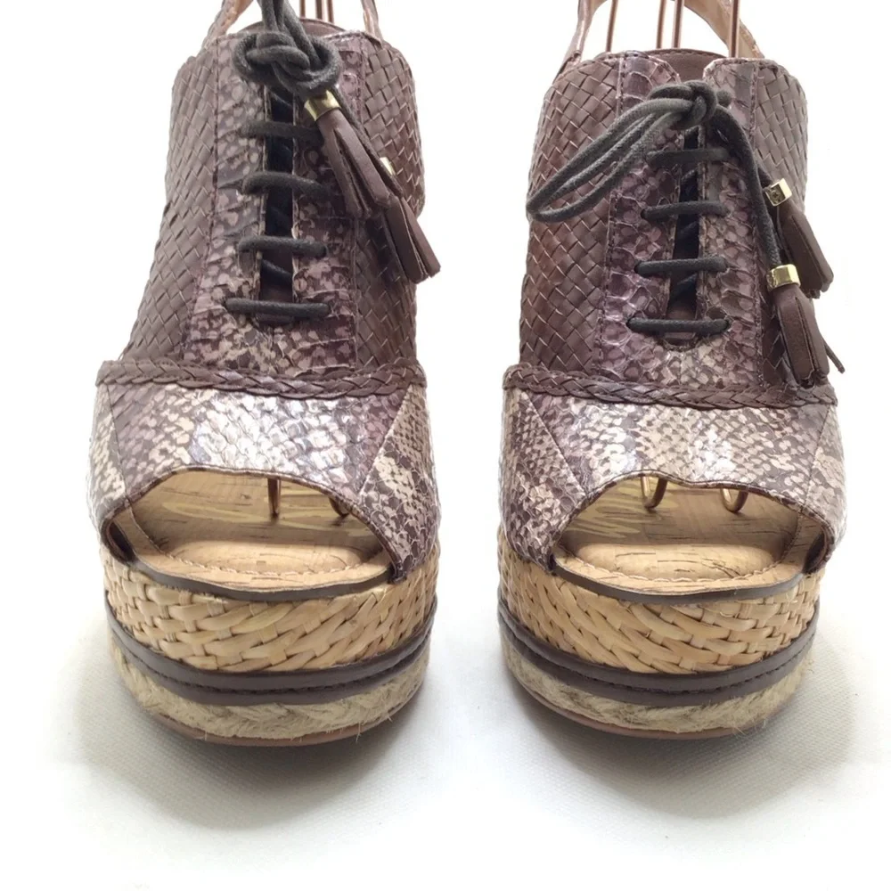 Sam Edelman Tinely Brown Snake Print Lace Up Platform Wedge Sandal Size 10M